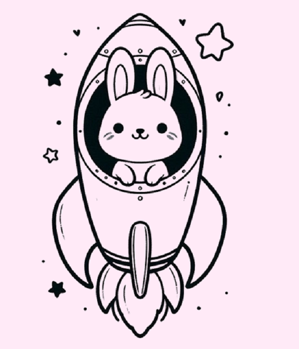 Bunny in a Space Rocket Drawing