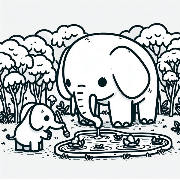 Elephant and a Pond Drawing