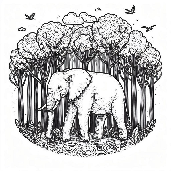 Elephant in a Forest Drawing