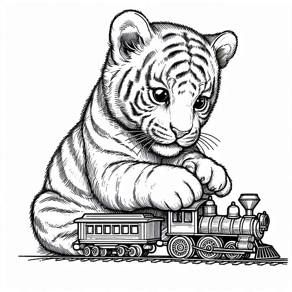 Tiger Playing with a Toy Train