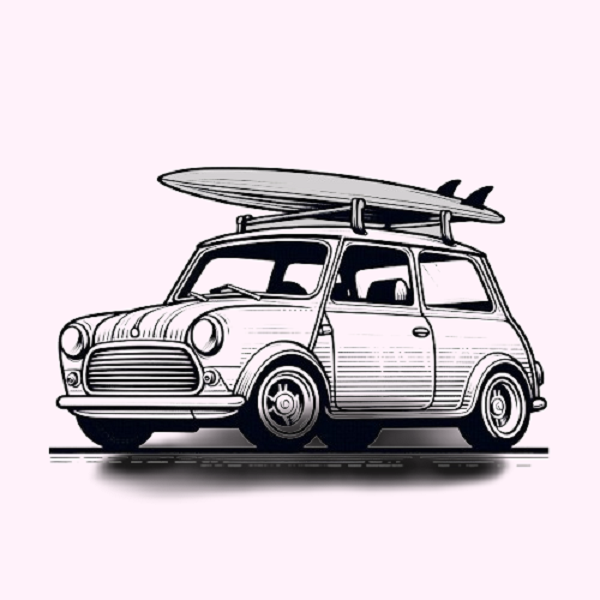 Sketch a car with a surfboard on the roof