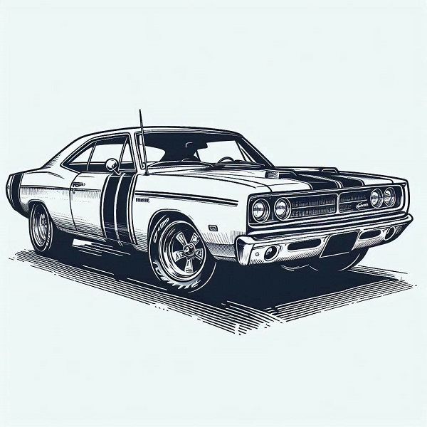 Sketch a classic muscle car with racing stripes