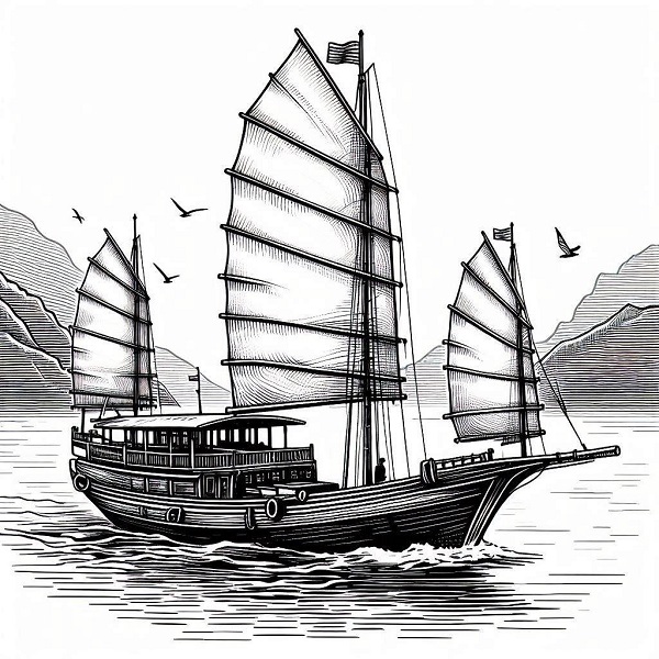 Traditional Asian junk boat with sails