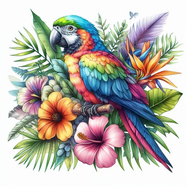 Parrot with Tropical Flowers