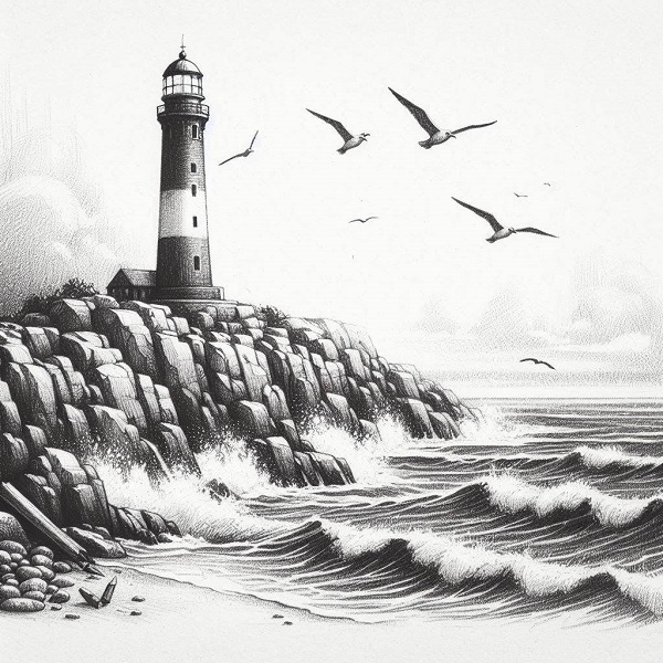 Black and White Lighthouse Drawing