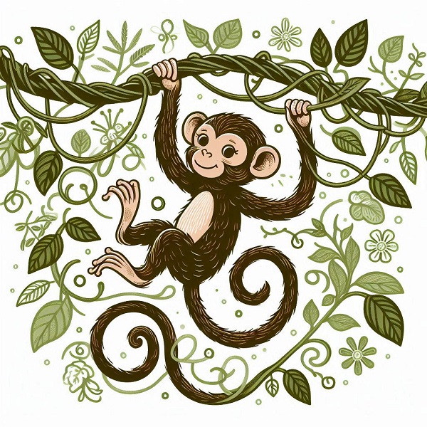 Monkey swinging on vines